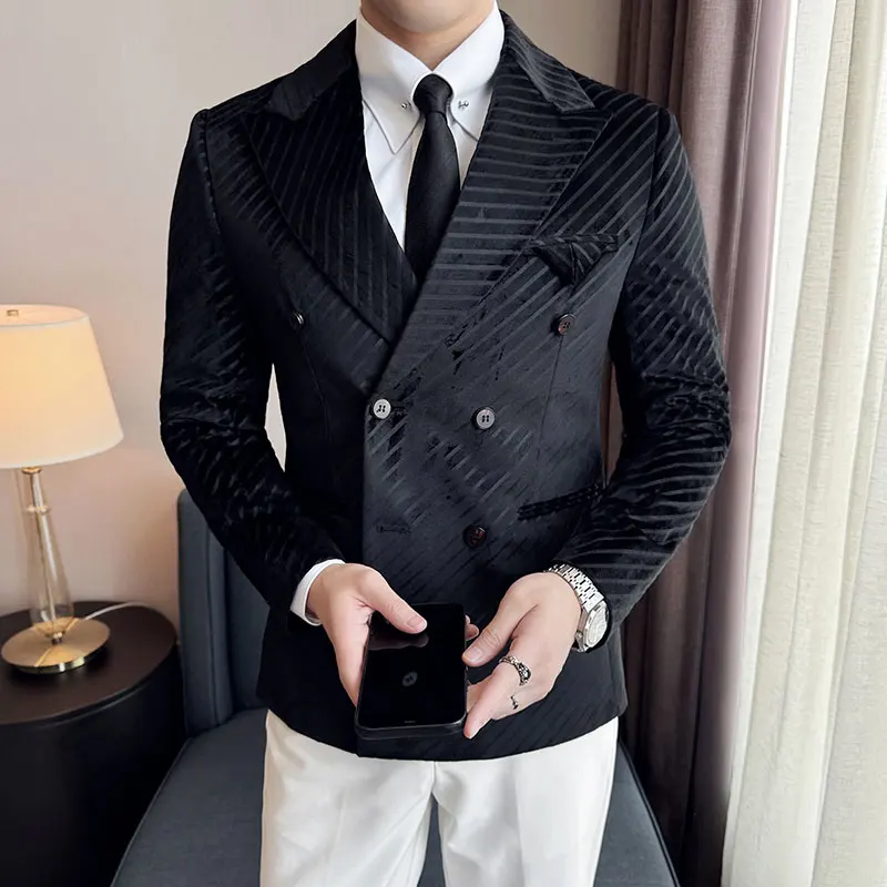 British Style Double Breasted Velvet Suit Jacket Men Fashion Slim Fit Casual Business Blazers Wedding Groom Party Banquet Coats