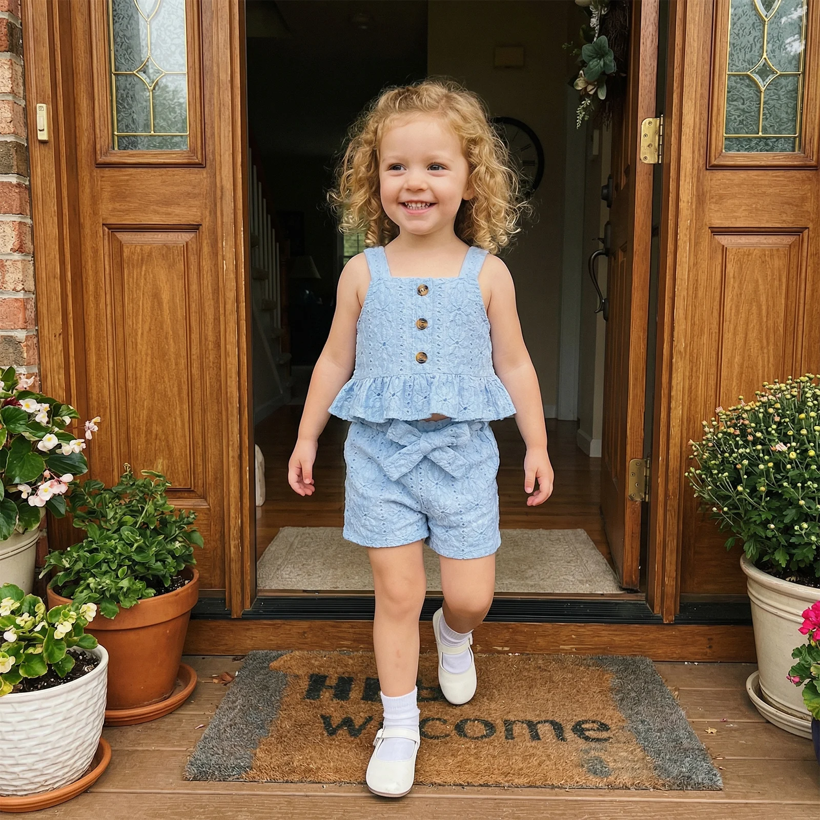 2Pcs Toddler Girls Summer Outfits Sleeveless Square Neck Jacquard Vest Tops Elastic Waist Shorts with Belt Sets