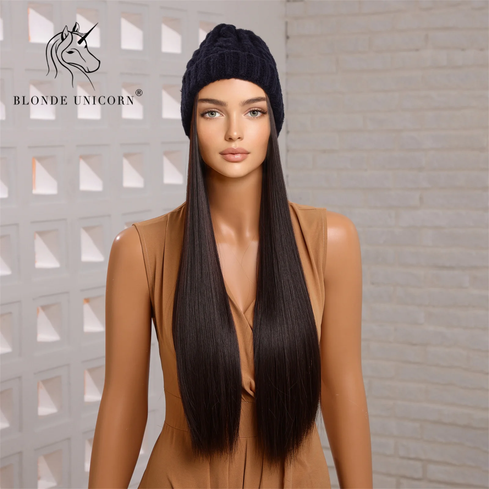 Blonde Unicorn Hat wigs Cap with Hair Hat Wig Natural Black Straight Connect Synthetic Hair Women Daily Party High Temperature