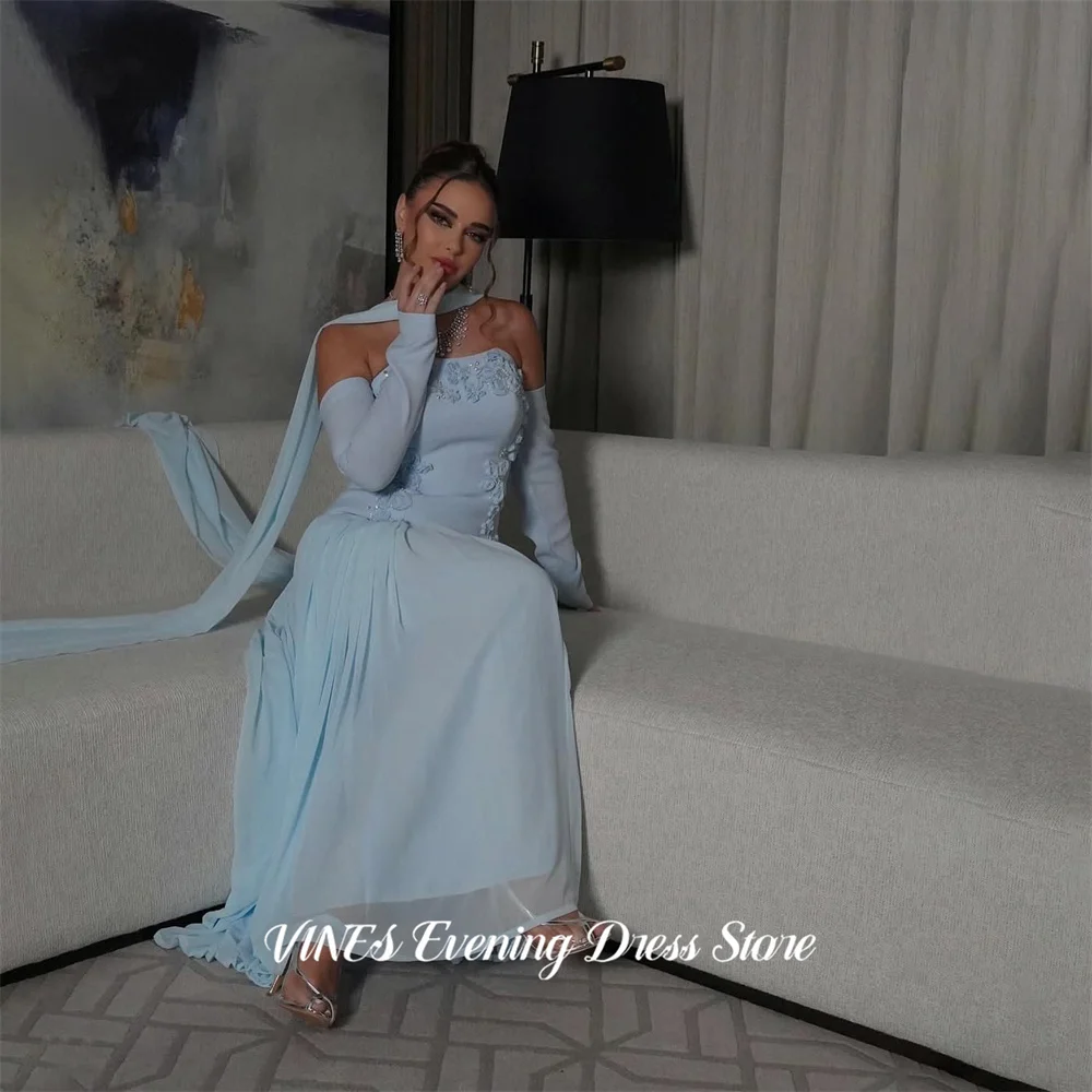 

VINES Sky Blue Flowing Party Dress Chiffon A Line Evening Dress with 3D Floral Party Gown Draped Neck Sash Prom Gown Customized