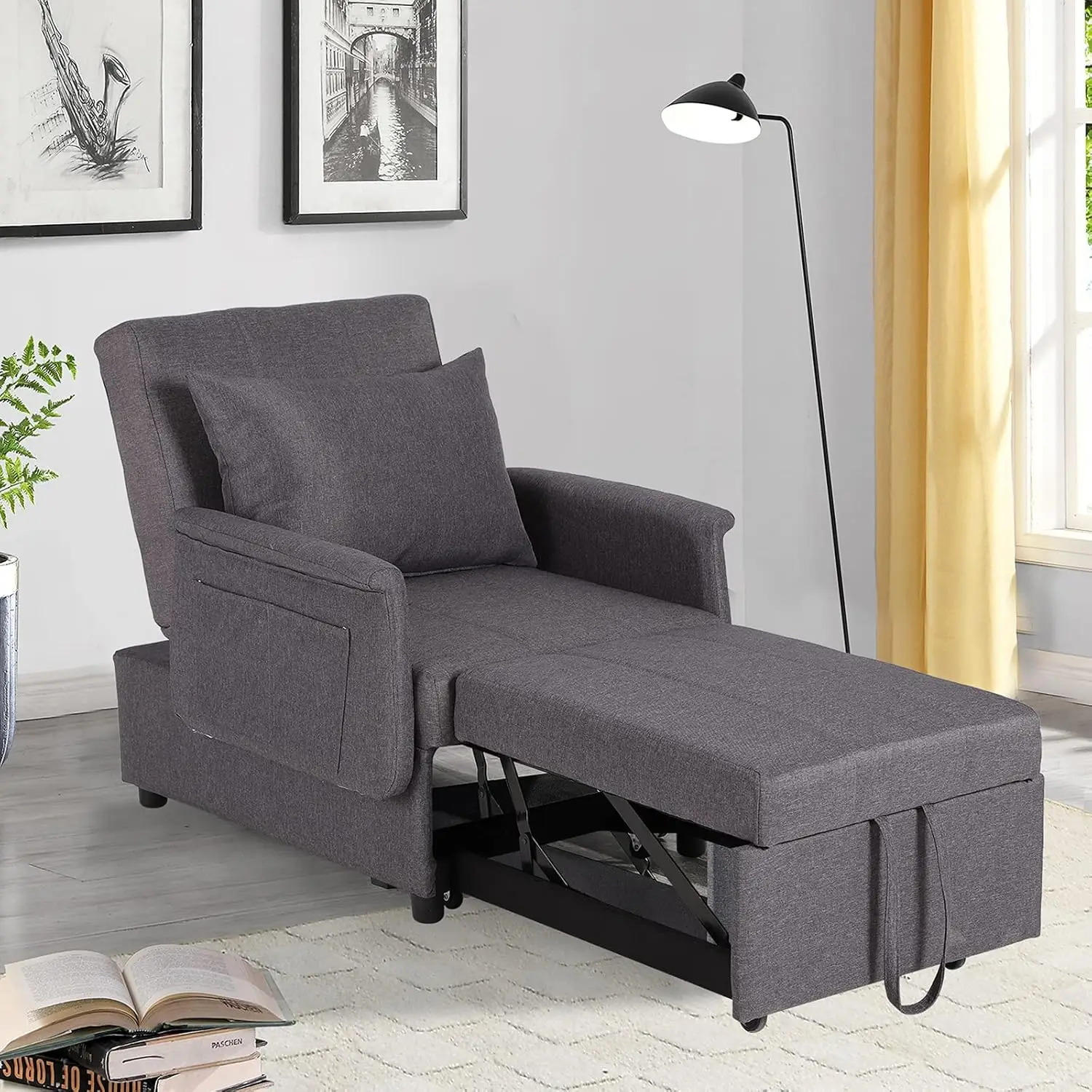 3 in 1 Chair Beds Sleeper Pull Out Sleeper Chair Convertible Chairs into Beds with Arms Pillow and Side Pockets(with Arm, Grey)