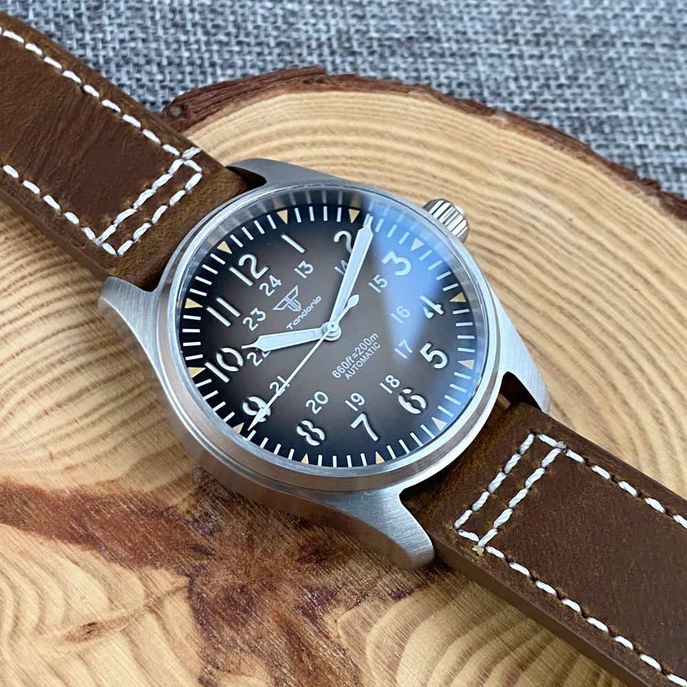 39mm Pilot Tandorio Retro Gray Red Blue Watch For Men 200m Waterproof Green Luminous NH35A PT5000 Automatic Brown Leather Strap