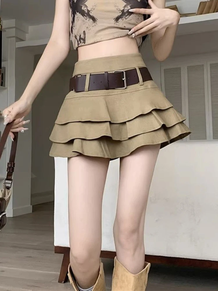 Jmprs-Mini jupes à volants pour femmes, taille haute, ceinture coréenne, style preppy décontracté, mode élégante, jupe trapèze sexy