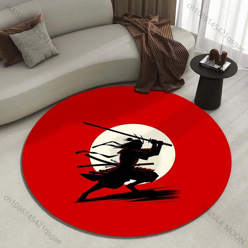 Samurai silhouette with red sun backdrop Printed round carpet living room sofa table carpet large pet mat soft round carpet