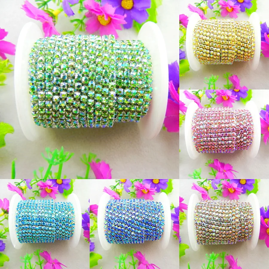 Hochdichte silberfarbene AB-Farben SS6 2mm SS8 2,5mm SS10 2,8mm SS12 3mm Kristallglas-Strass-Kettenband zum Aufnähen oder Aufkleben – Detail 3