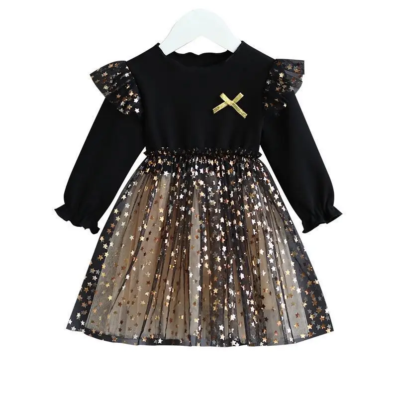 2024 Autumn Kid\'s Clothes Girls Long Sleeve A-line Dresses 1-6 Years Star Sequin Mesh Patchwork Princess Dress