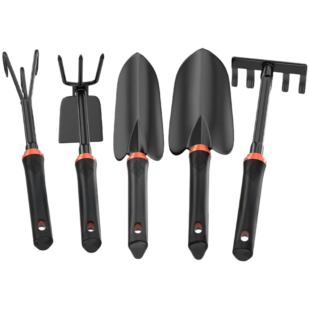 5 Piece Carbon Steel Gardening Tools Set Shovel Digger Hoe 5 Tooth Rake 3 Prong Rake for Planting Digging Beach Shelling