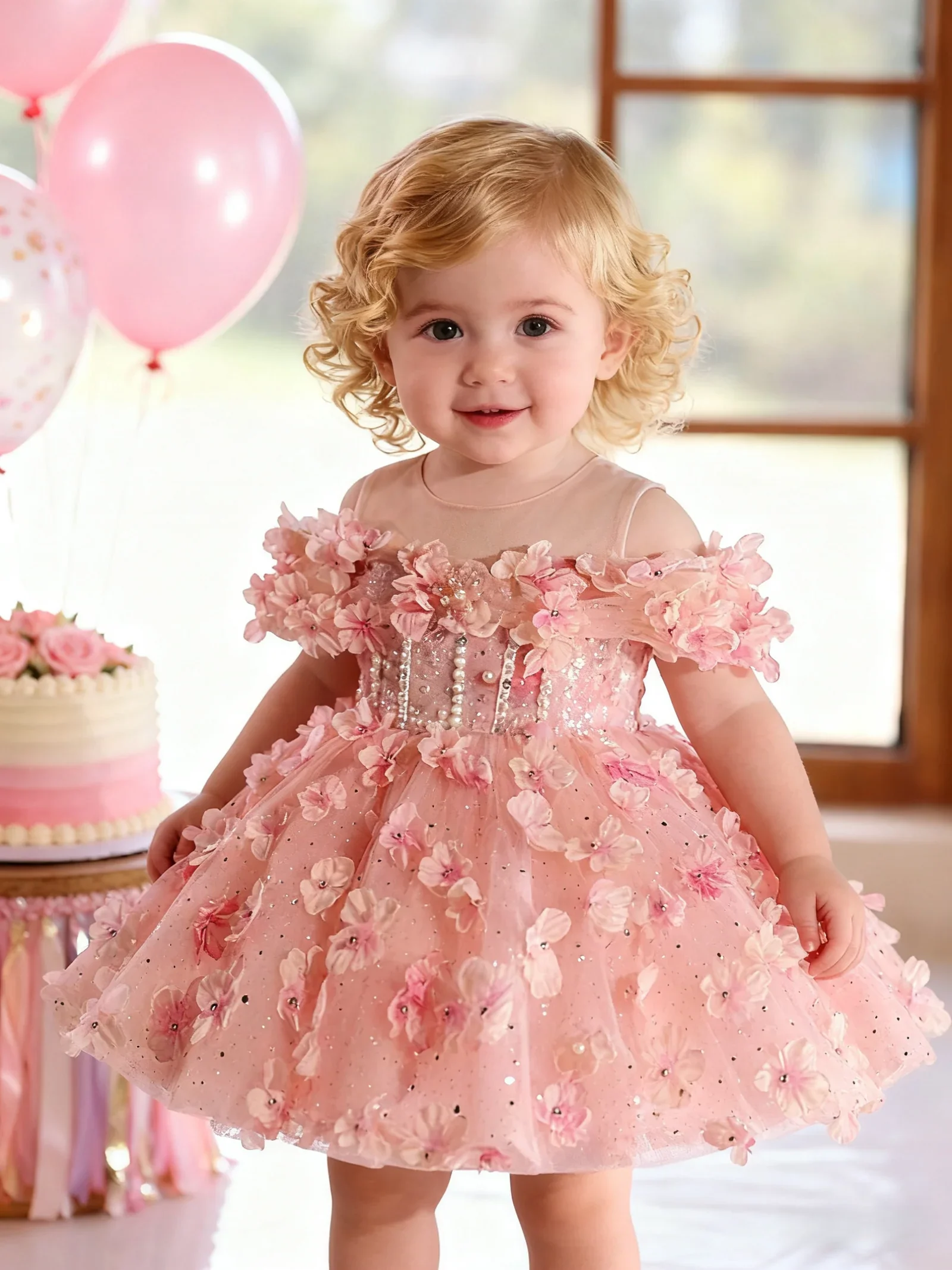 Custom Luxury Pink Tulle Flower Girl Dress One-shoulder Mesh Collar 3d Petal Beading Beauty Pageant Dress Girl Bridesmaid Prince