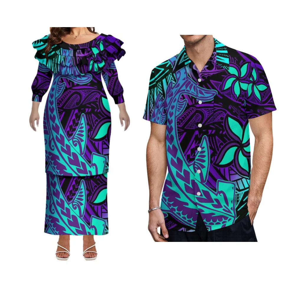 Camicie da uomo polinesie su misura estive senza impuestos Design retrò Foglia di loto in pizzo Girocollo Abiti da donna Abiti da coppia