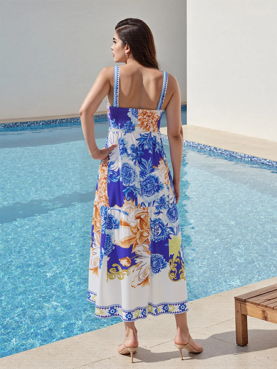 New Fashion Women Long Dress Tie-Dye Print Backless Cami Dress Summer Fashion Sleeveless Casual Dress S M L