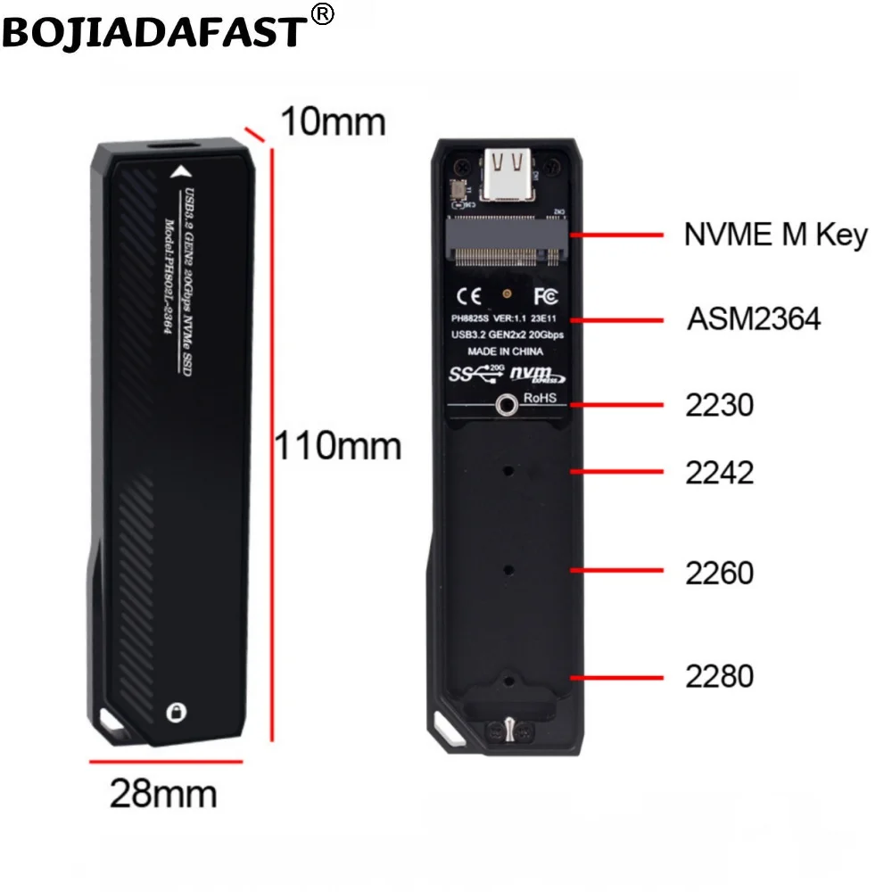 20Gbps USB 3.2 Type-C To NGFF M.2 Key-M SSD Enclosure Case ASM2364 for 2230 2242 2260 2280 M2 NVME SSD