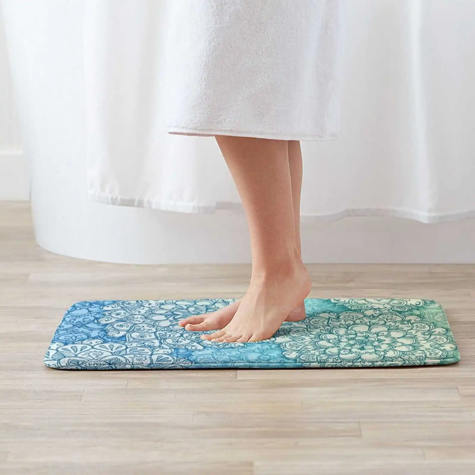 Ballpoint Pen Doodle Poem 3D Soft Non-Slip Mat Rug Carpet Foot Pad Micklyn Blue Green Mint Aqua Cream Turquoise Navy Patterns