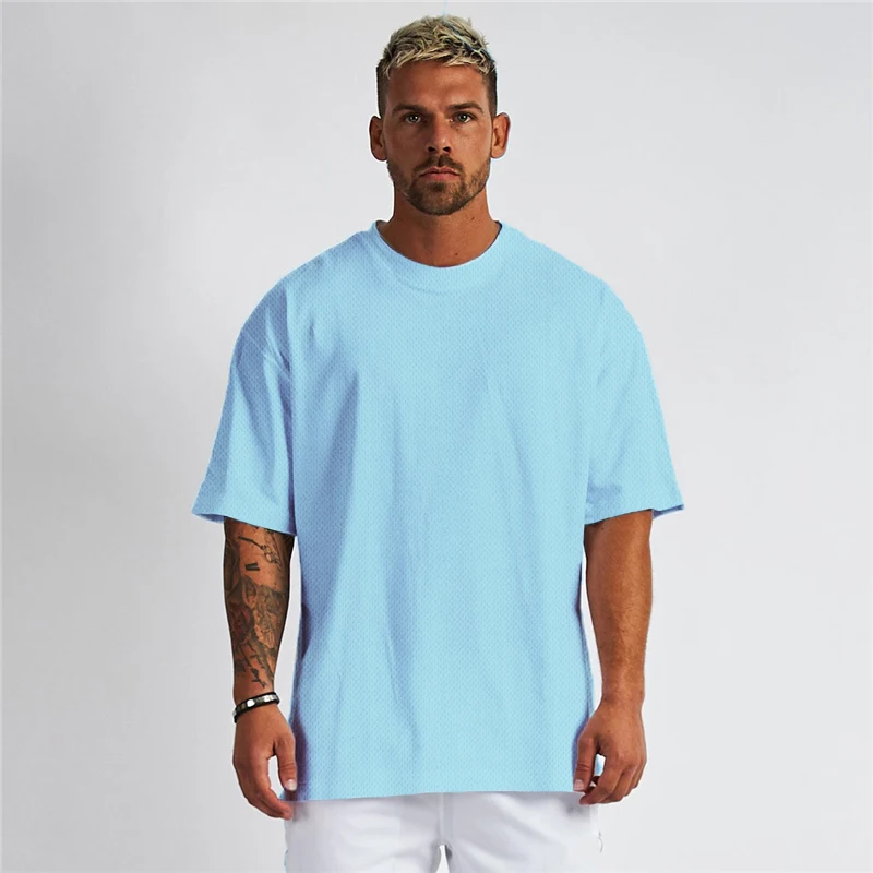 Gym Fitness Loose Short Sleeve Casual Oversized Men T-shirt Fashion Dropped Shoulders Summer Quick Dry Mesh Breathable Cool Shrt