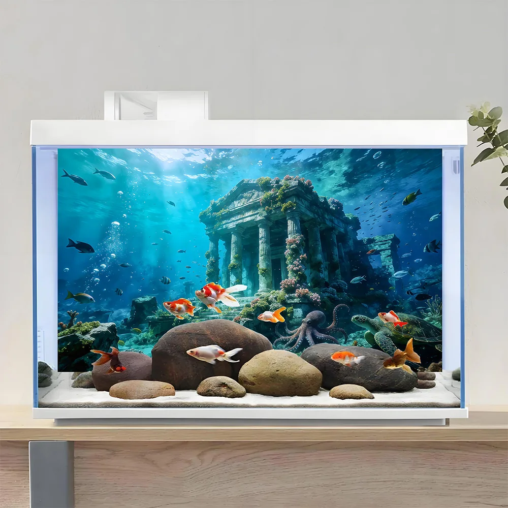 Underwater Ancient Castle，Fish Tank Background Painting，Aquarium Stickers，Self-Adhesive Front，Aquarium Landscape Decoration