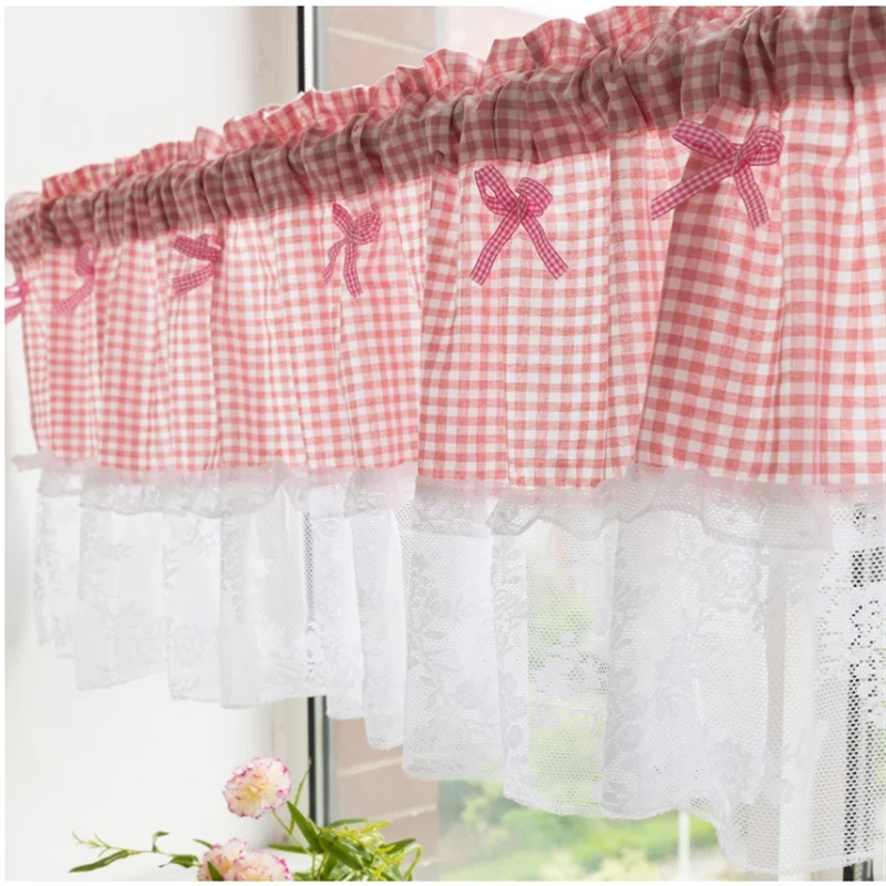 

Nordic simple kitchen coffee shop finished wear rod small curtain fresh lattice lace short curtain half curtain