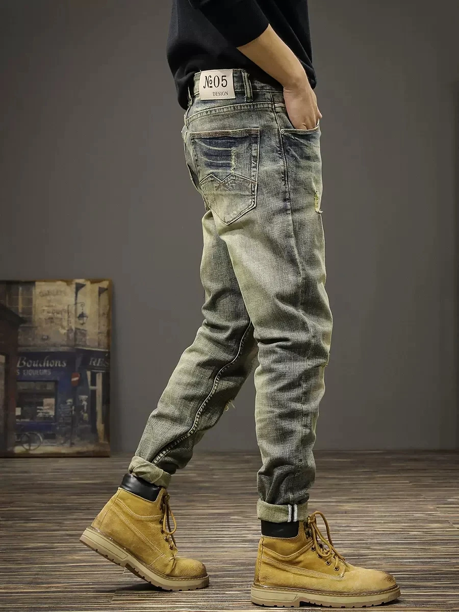 Italian Style Fashion Men Jeans Retro Yellow Blue Stretch Slim Ripped Jeans Men Elastic Trousers Vintage Designer Pants Hombre