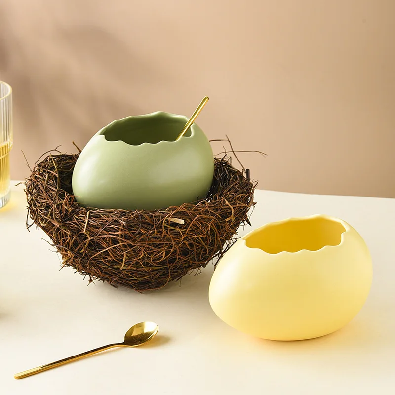 Creative Eggshell Shaped Tableware, Ceramic Bowls, Kitchen Utensils, Baking Pudding Bowls, Bird's Nest Decorated Dessert Bowls