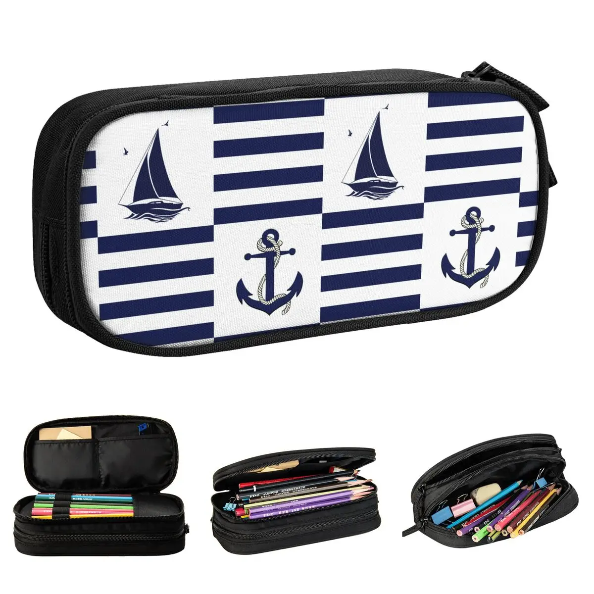 Nautical Navy Anchor Sailboat Navy Blue Stripe Pencil Cases Pencilcases Pen Box for Student Bag School Supplies Gifts Stationery