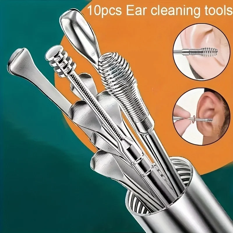Kit com 10 Ferramentas Compactas Portáteis de Aço Inoxidável para Remoção de Cera de Ouvido, Colher Rotativa Espiral para Limpeza de Ouvido