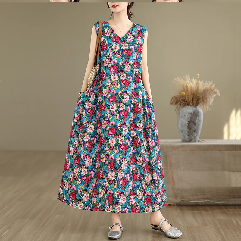 New plus Size Svel V-Ne Gown Vintage Print Silk Cotton Linen Long Dr A-Line Skirt Sle Full Flounce Hem Summer Dr