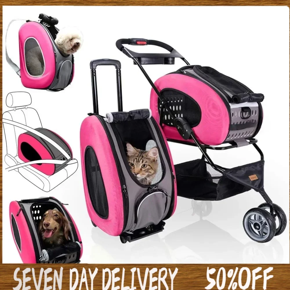 

Pet Car, Five in One Convertible and Foldable Small - Multifunctional Combination - 16 Pound Pet - Pink, Cat and Dog Pet Car