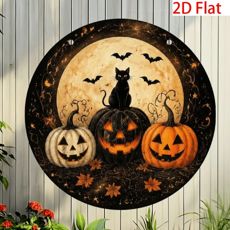 2D Flat Outdoor Metal Sign 8x8 Inch Round Halloween Wall Decoration Sign Retro Pumpkin Magic Night Metal Art with Glowing