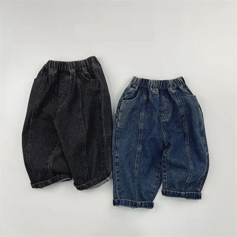 

2025 Spring New Girls Vintage Jeans Solid Children Casual Pants Boys Denim Trousers Loose Harem Pants 1-6year Baby Clothes