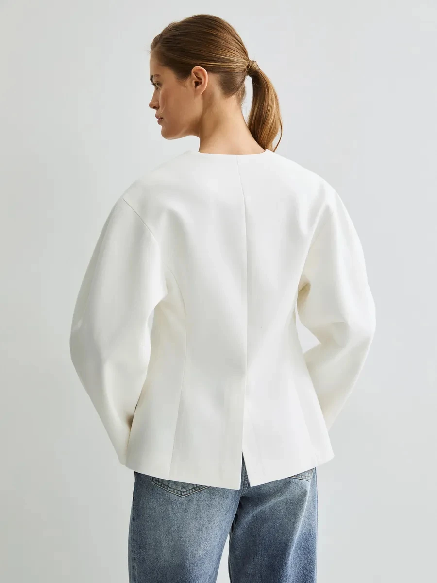 DFDG Women 2026 Spring Autumn V Neck Blazer Drop Lantern Sleeve Irregular Metal Buttons Dual Pocket Cinched Waist Office Jacket