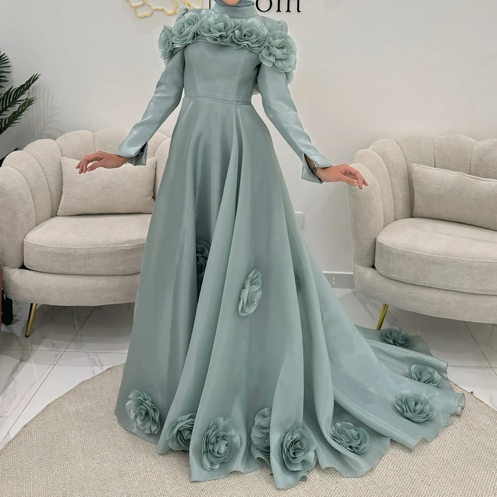 

Customized Mermaid Evening Dresses Floor-length High-neck Full Sleeve Prom Gown Fashion Flowers Draped Exquisite Party Gown