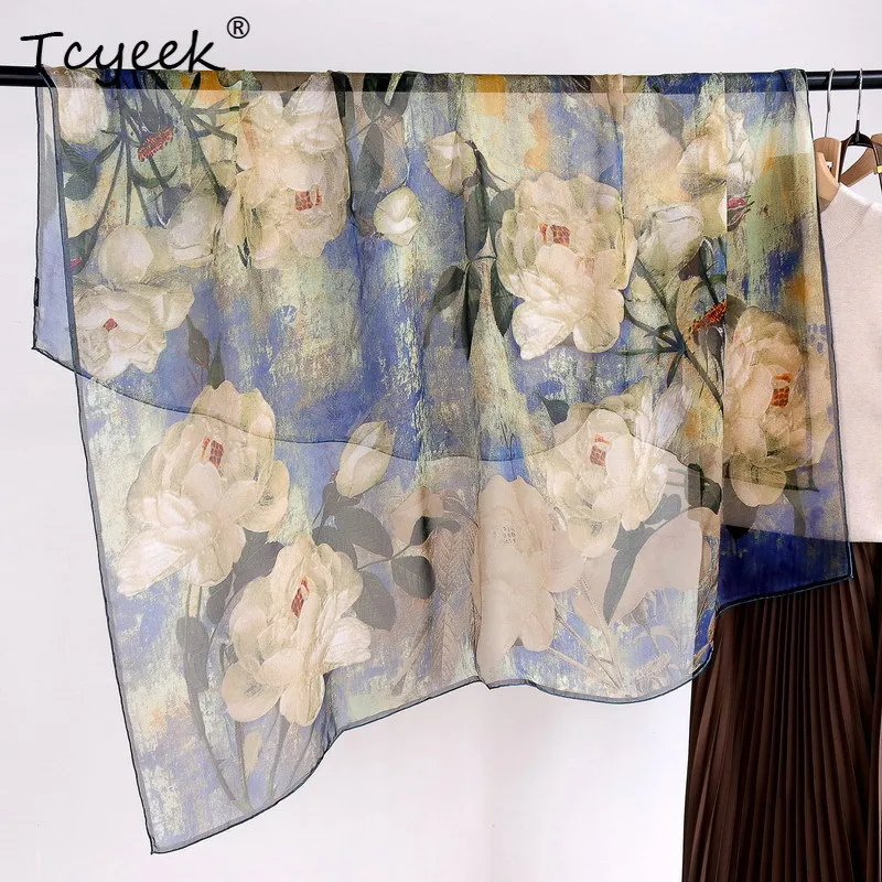 

Tcyeek, 100%Real Slik Elegant Kerchief, 135cm Women Oil Painting, Mom Gifts Retro Chic Scarves, 2024 Summer Autumn A47628QC