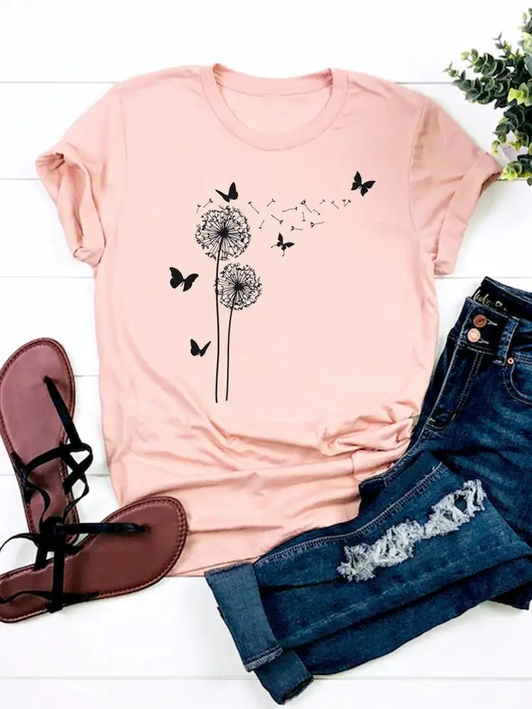 

Dandelion Butterfly Trend 90s Women Basic Tee Fashion Print T Shirt Short Sleeve Ladies Graphic T-shirt Clothes Top Clothing