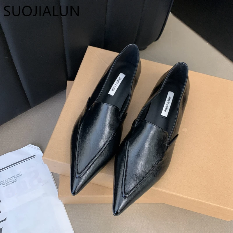 SUOJIALUN Autumn Women Flat Shoes Fashion Sliver Ladies Elegant Boat Shoes Pointed Toe Slip On Flat Heel Casual Outdoor Laofers