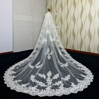 Fotos reales velo de novia largo de encaje con peine 3,5 metros 1 capa catedral blanco Iovry velo de novia accesorios de boda