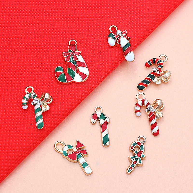 10Pcs Christmas Candy Cane Enamel Pendant Charms for Earrings Necklace Jewelry Making Rhinestone Charms Xmas Tree Decorations