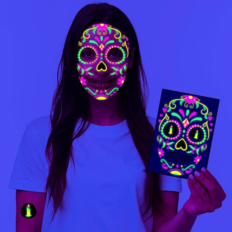 Neon Halloween Stickers Day of the Dead Fluorescent Print Temporary Tattoo Party Festival Face Waterproof False Tattoo Dress Up