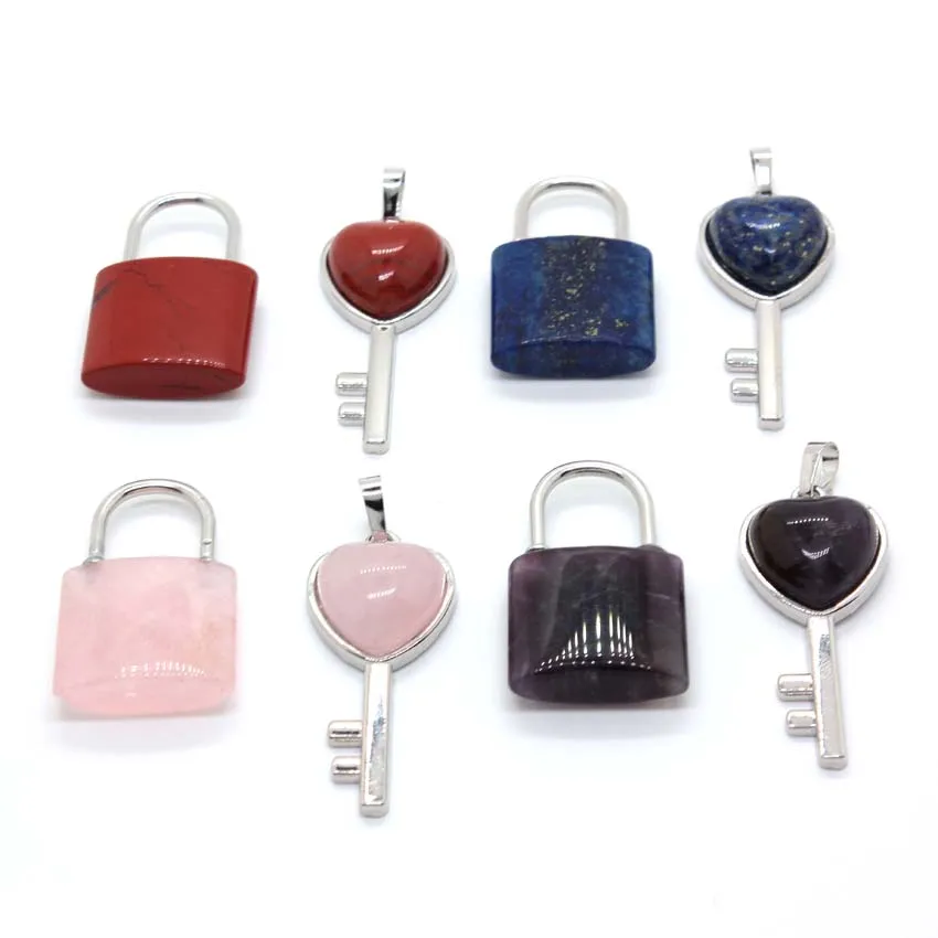 Natural Crystal Couple Lock Necklace Pendant Set Heart Shape Key Piece Pose Quartz Aventurine Tiger Eye Stone Lock Lover Jewelry