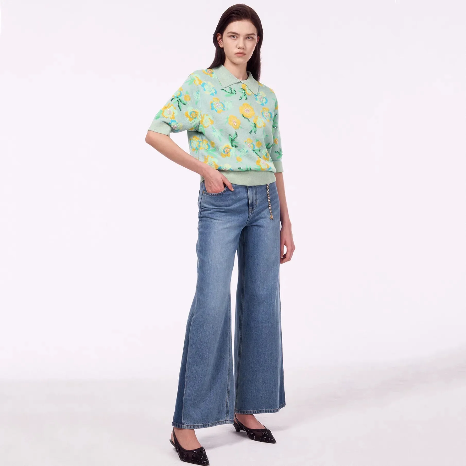 Lemon Cheese Knitted irt ort Sve  Collar Sequin Flower Pattern Versatile Ele Sle Women's Spring Faion