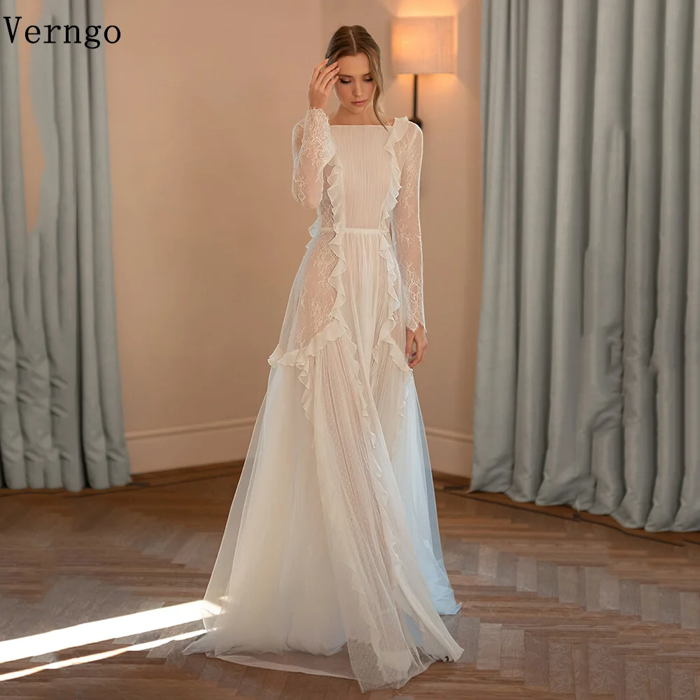 Verngo lvory Tulle Evening Dress Lace O Neck Full Sleeves Prom Gowns A LIne Modest Israel Formal Prom Party Dresses Customized