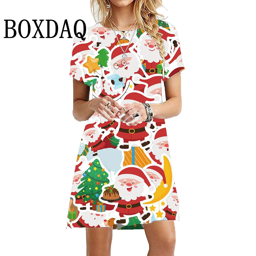 Christmas Dress Cartoon Funny Cute 3D Santa Claus Print Dress Autumn Fashion Short Sleeve Casual Party Clothes Winter Oversized