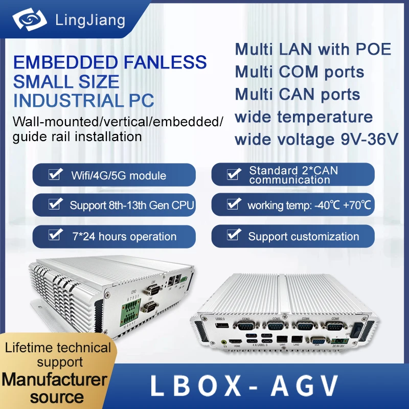 

Промышленный ПК 4 * LAN 3 * POE Intel J6412 5205U CPU для AGV RS485 RS232 dual com HD DP Fanless Mini PCs Компьютер