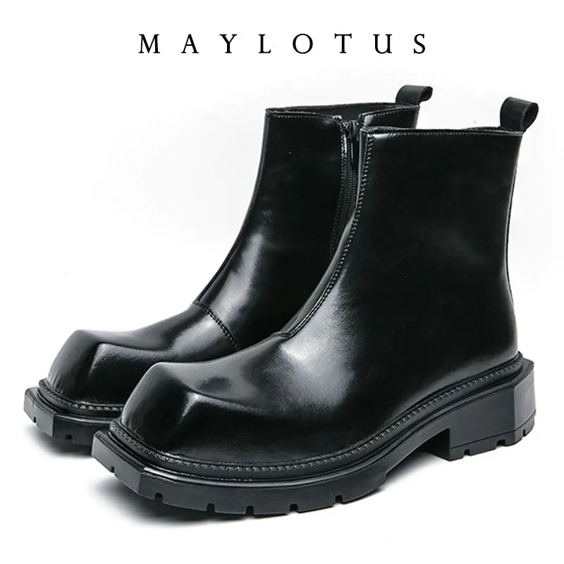 

Square Toe Thick Sole Chelsea Boots Genuine Leather Women/men 2025 New Style Black Slip On Platform Fashion Mid-Calf Boots