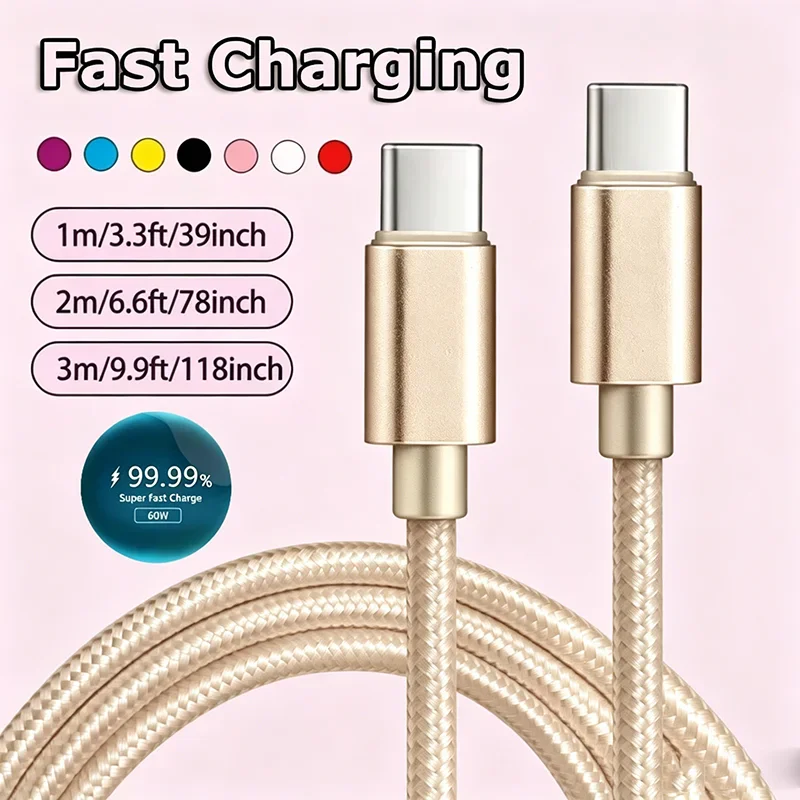 66W 5A Cable Nylon Fast Charging Cable USB C To Type C 1m 2m 3m Charging Cable for Iphone 15 16 Pro Max Samsung S24 Xiaomi OPPO