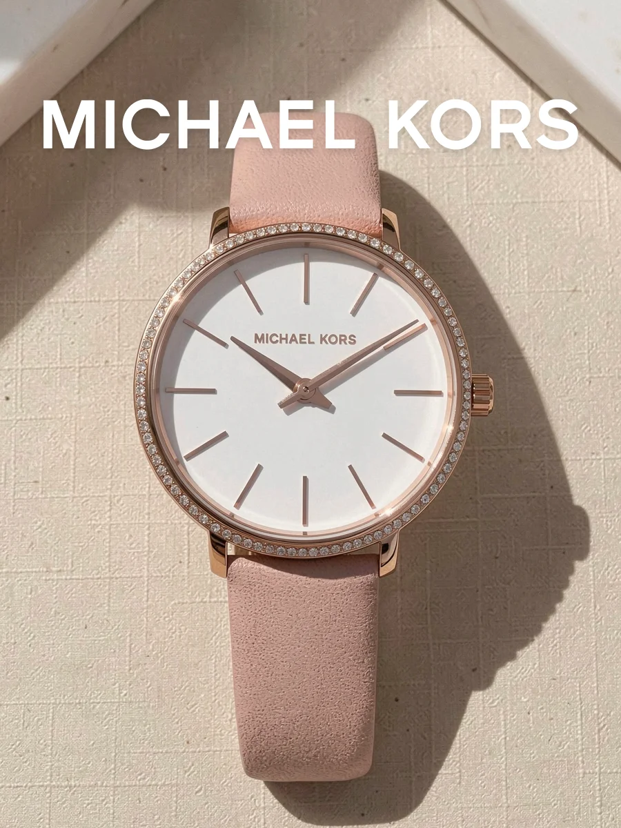 Michael Kors Ladies Quartz Watch Rose Gold Crystal Bezel Blush Pink Leather Strap Minimal Dial Watch for Daily Valentine Gift