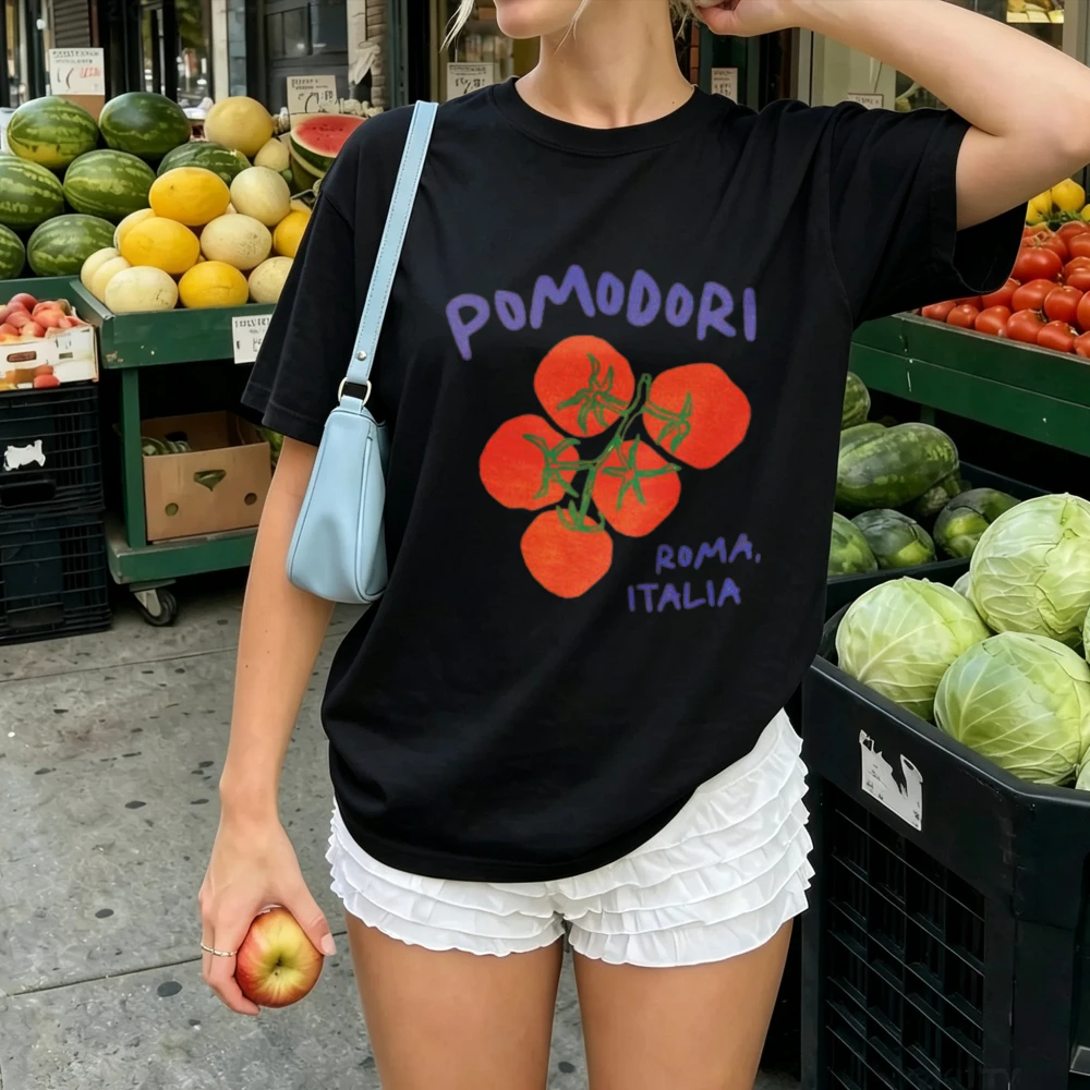 Pomodori Roma Italia Hand Doodle Vine Cherry Tomato Simple Art Print Women Cotton Tee Italian Kitchen Minimalist Vegetable Tops