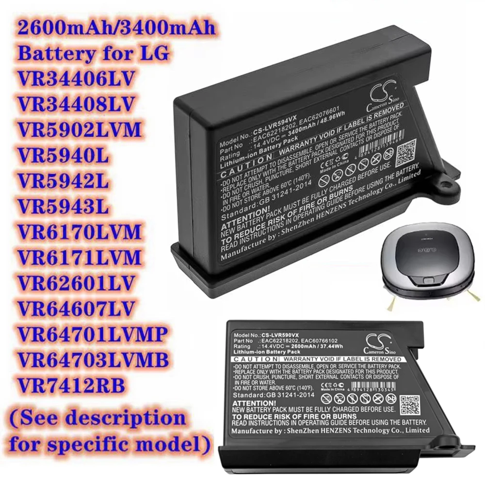 Upgrade Robot Vacuum Cleaner New Battery 2600mAh 3400mAh For LG EAC62076601 EAC62218202 VR64703LVMB VR7412RB Li-ion Battery Part