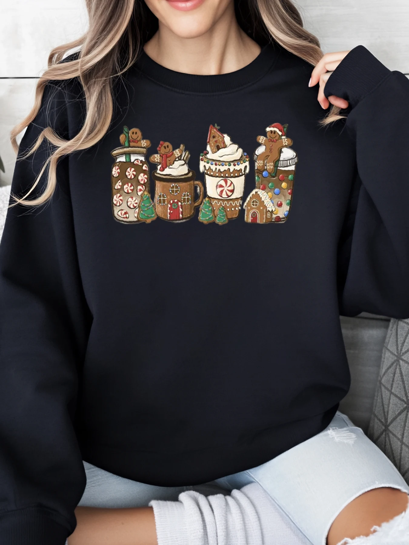 

Рождественская кружка, свитшот с принтом пряничного домика, праздничная женская повседневная одежда больших размеров