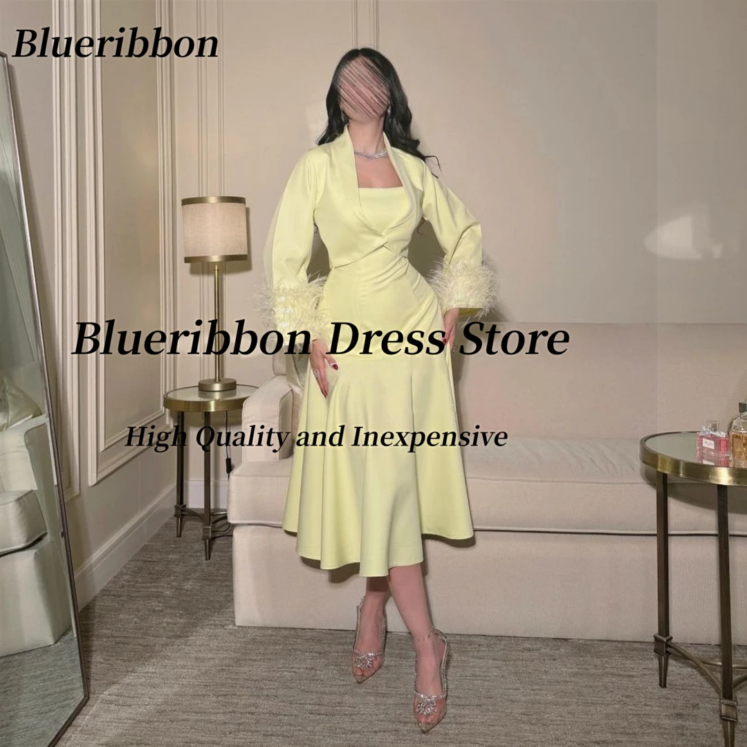 

Blueribbon Light Yellow Tea Length Prom Dresses Strapless Feathers Long Sleeves Jackets Wedding Party Saudi Arabia Evening Gowns