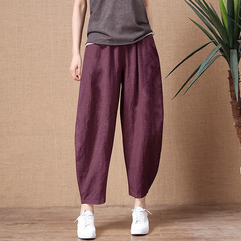 Summer New Solid Color Fashion Elastic Waist Wide Leg Trousers Women High Street Casual Loose Pocket Patchwork Cotton Hemp Pants