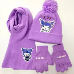 Sanrios Kuromi Kids Knitted Hat Set My Melody Cinnamoroll Anime Gloves Scarf Cartoon Cute Winter Outdoor Warmth 3Pcs Girl Gift