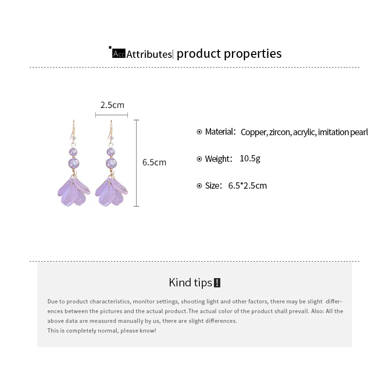 Purple Flower Drop Earrings for Women Imitation Pearl Tassel Ear Hook Sweet Petals Acrylic Ear Hangging Style Jewelry B image 6